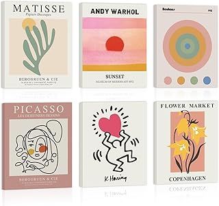 KAIRNE Abstract Wall Art Prints Framed,Vintage Master Wall Decor,Cute Matisse Prints Canvas for Living Room Set of 6 Pieces (8x10inch),Boho Flower Market Art Print,Aesthetic Poster for Bedroom Office