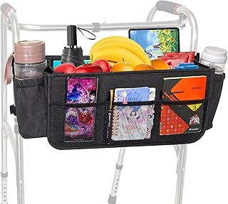 Large Walker Tote Bag with 2 Cup Holder,Walker Basket,Walking Frame Bag,Folding Walker Attachment Hands-Free Storage Basket Mobility Aid Accessory Pouch for Elderly (Black)
