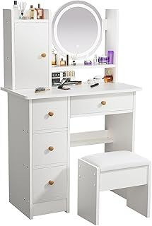 ZenkiHome Dressing Table, Vanity Desk with Mirror and Lights, 80cm Vanity Table with Stool