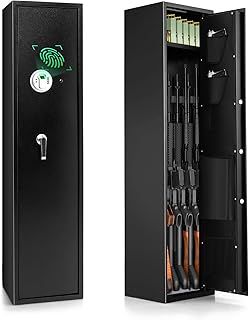 COSTWAY 5 Rifle Gun Cabinet, Biometric Fingerprint Gun Safe with Digital Keypad, Emergency Keys, Alarm System, Built-in Small Cabinet & Storage Pockets, Electronic Shotgun Safe Rifle Security Cabinet
