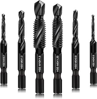 6 Packs Combination Drill & Taps Bit Set, Screw Tapping Threading Tools in Sizes M3*0.5 M4*0.7 M5*0.8 M6*1.0 M8*1.25 M10*1.5 with Anti-rust Black Coating, 6mm Hex Shank and Storage Case