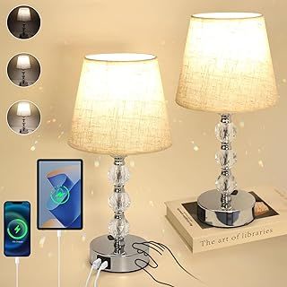 Crystal Touch Bedside Lamps Set of 2, USB C+A Charging Ports, 3 Way Dimmable, White Fabric Shade for Bedrooms & Living Room (White)