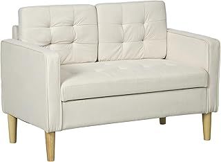 HOMCOM Modern 2 Seater Sofa with Hidden Storage, 117cm Tufted Cotton Couch with Wood Legs, Compact Loveseat for Living Room, Kitchen, Cream White