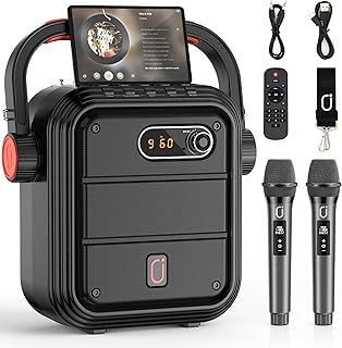 JYX Karaoke Machine with 2 UHF Wireless Microphones, Portable Bluetooth Speaker with Shoulder Strap, Power Amplifier PA Subwoofer Support TWS, FM, AUX In, Bass&Treble for Party/Meeting