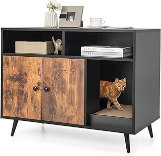COSTWAY Cat Litter Box Enclosure, Hidden Kitty Washroom Toilet with Double Door Cabinet and Scratching Pad, Indoor Cats House Side Table Nightstand (90x50x70cm)