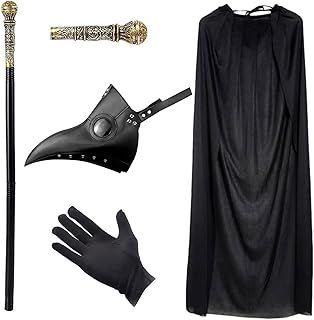 Halloween Cosplay Costume, Plague Doctor Mask Long Nose Retro Leather Bird Mask, Halloween Hooded Cape, King's Cane, Black Gloves Halloween Costume Props Party Fancy Dress