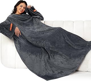 Winthome Wearable Blanket with Sleeves. Soft and Warm for Sofa Lovers. Two Sizes, with Elastic Cuffs, Hook and Loop Fastener (Blue, 140x170cm)