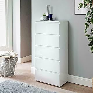 spot on dealz® White Chest of Drawers Bedroom 5 Drawer Modern Slim Side Storage Display Cabinets Bedside table Nightstand large Cabinet furniture