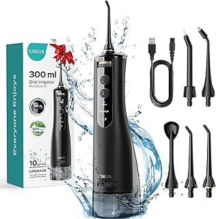 COSLUS Water Flosser, Water Dental Flosser for Teeth, 2025 Upgrded 10 Levels Smooth Control Portable Rechargeable Waterproof Oral Irrigator, 300ML & 5Jet Tips Electric Flossing Dental Pick for Travel