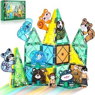 Asago Magnetic Tiles Building Blocks Safari Animals, Magnet Tile STEM Educational Toy for Kids, for Toddler 3 4 5 6 7 8 Year Age Old Boys Girls, Forest Theme