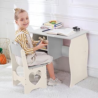 Kids Desk and Chair Set Wooden Study Desk with Storage Shelves for Boys, Girils Writing Reading | Childrens Table and Chair Set for Bedroom Furniture Playroom, Nursery, Gift for Ages 3-8 (Beige,Gray)