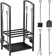 Outsunny Metal Firewood Log Holder 2 Layer Firewood Rack Indoor Outdoor Fireplace Wood Storage Shelf with 4 Tools and Hooks, Black, 40L x 30W x 74.5H cm
