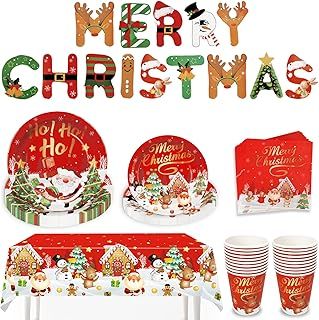 Christmas Party Tableware Set for 20 People, 82Pcs Xmas Decoration Paper Dinnerware Set with Christmas Banner Plastic Tablecloth, Plates, Napkins, Cups & Party Supplies
