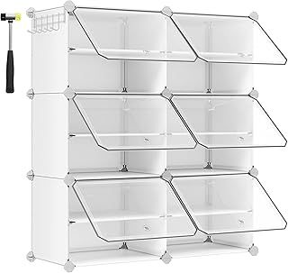 SONGMICS Interlocking Shoe Rack Cabinet, 6-Slot Modular Storage Organiser Unit, 30 x 40 x 30 cm for Each Slot, with Doors, Steel Frame, Plastic Panels, White LPC033W01