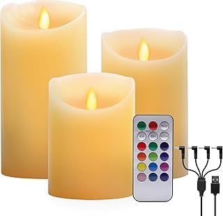 LED Real Wax Candle Lights, 3 Pack Warm White Plus Multicolor Flameless Real Wax USB Charging Electric LED Moving Wick Flickering Candle Lights with Remote Control Timer for Decoration, Wedding