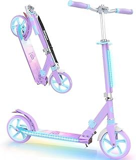 BELEEV V8 Scooters for Kids Ages 6+ with Light-Up Stem & Deck, 2 Wheel Folding Scooter for Adults Teens, 4 Adjustable Height, Lightweight Sport Commuter Scooter, Max Load 220 lbs