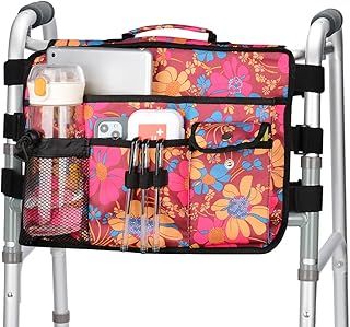 supregear Double Side Walking Frame Bag, Walker Basket with 9 Pockets and Large Compartment for Walker Rollator Wheelchair, Water Resistant Walker Organizer Pouch with Handle and Cup Holder (Floral)
