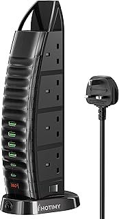 Tower Extension Lead with USB Slots 2M, 8 Way Outlets Multi Plug Extension Tower with 6 USB (2 Type C & 4 USB A Ports) Overload Protection Extension Cord with 2 Independent Switches, Tower Power Strip