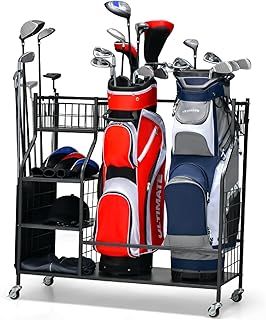COSTWAY Golf Storage Rack, Extra Large Golf Clubs Bag Stand with Lockable Universal Wheels and Other Golfing Equipment Rack, Golf Garage Organizer (95 x 40 x 94cm)