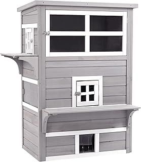 PawHut 3-Tier Wooden Kitten Shelter for Indoor, Outdoor - Grey