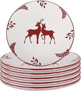 Dinner Plate Set of 6 - Hand Painted Red & White Reindeer Stoneware Crockery Dishwasher & Microwave Safe Christmas Reindeer Dinnerware Set