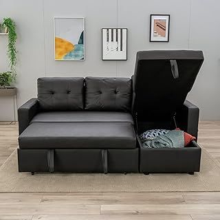 Panana Corner Sofa Bed - Universal Pull Out SofaBed - Left or Right Side Storage Chaise Couch,Convertible Click Clack Sofa Bed Settee Sectional Sofa, Black Faux Leather