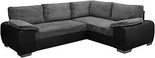 ENZO - CORNER SOFA BED WITH STORAGE - JUMBO CORD FABRIC LEATHER - RIGHT HAND SIDE ORIENTATION (GREY AND BLACK)