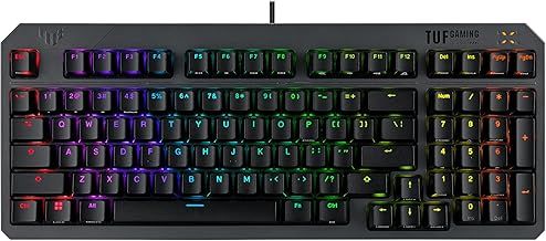 ASUS TUF Gaming K3 Gen II keyboard with compact 97-key layout, optical-mechanical RGB switches, silicone-gasket mount, dampening foam, IP57 waterproofing, detachable top plate, Aura Sync | UK Layout