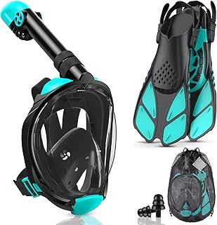 Snorkel Set Adults Full Face Snorkel Mask with Flippers, Snorkeling Mask & Swim Fins, Panoramic View Snorkel Mask Fins Anti-Fog Anti-Leak Foldable Design with Carrying Bag