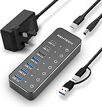 RSHTECH Powered USB Hub 3.1/3.2 Gen2, 7-Port USBC Hub with 4 USB 3.0, 10Gbps USB-A & 2 USB-C Data Ports, Aluminum USB3.2 Splitter for Laptops, PC and More (Upgraded Version, RSH-ST07C)