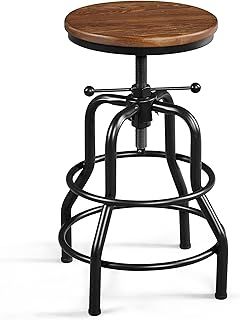 Yaheetech Industrial Bar Stool Vintage Metal Stool Adjustable Counter-Height Bar Stool 51-68cm with Round Wooden Top Rustic Breakfast Stool for Kitchen Counter Cafe, Brown, 1PCS