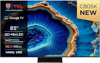 TCL 85C805K 85-inch QLED Mini LED, Full Array 4K HDR Premium 1300nits, Smart Gaming TV Powered by Google (Freesyncy Premium Pro, 144Hz Motion Clarity Pro, Dolby Vision IQ & Atmos, Onkyo sound)