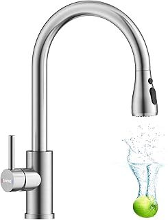 DAYONE Kitchen Mixer Tap with Pull Out Spray, SUS304 Stainless Steel Sink Mixer, Single Lever Sink Tap, High Arc 360° Swivel 3 Spray Modes Kitchen Faucet Brushed Steel