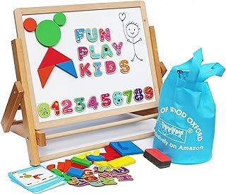 Toys of Wood Oxford Wooden Easel for Children Foldable-Double Magnetic Boards Shapes Letters Numbers Paper Roll Kids Art-Table Top Magnetic Board Black White Drawing Board for Kids