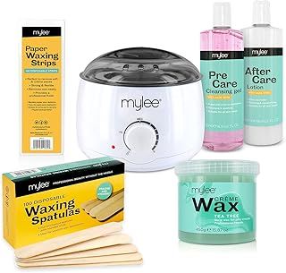 Complete Waxing Kit, Includes Salon Quality Wax Heater, Soft Cream Wax, Waxing Strips, Spatulas and Mylee Pre & After Care Lotion (Tea Tree)