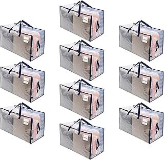 VENO 10 Pack Heavy-Duty Oversize Large Storage Bag Organizer with Zips and Tag Pocket for Moving, Clothes Storage, Laundry Bag, Packing, House Solutions, Sustainable, Water-Resistant (Clear, 10 Pack)
