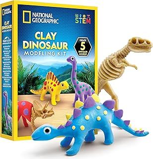 National Geographic Dinosaur Modeling Clay Kit - Kids Arts and Crafts Kit with 5 Colours of Air Dry Clay, Dinosaur Skeletons, Sculpting Tool & More, Dinosaur Craft, Modeling Clay for Kids