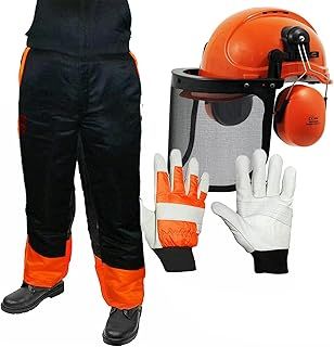 Chainsaw Safety Bib & Brace (L), Helmet with Mesh Visor, Ear Muffs & Padded Gloves