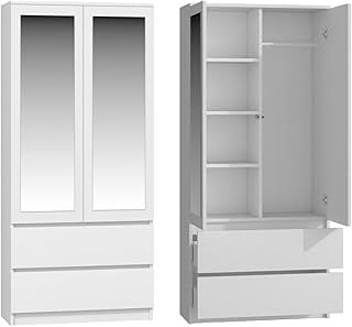 Modern Double Wardrobe with Drawers - 2 Door Cupboard Contemporary Bedroom Furniture with Mirrors - White