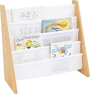 Humble Crew Journey Wooden Bookshelf for Children, 4 Tier Book Storage Organiser with Deep Fabric Pockets, Forward Facing Book Display for Easy Identification - Natural Wood/White