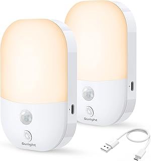 Suright LED Night Light, 2 Pack Type-C Rechargeable Motion Sensor Light, 3 Modes (AUTO/Off/ON) and 5 Levels Dimmable Brightness, 2800K Warm White Cupboard Lights for Wardrobe, Stair, Hallway, Bedroom
