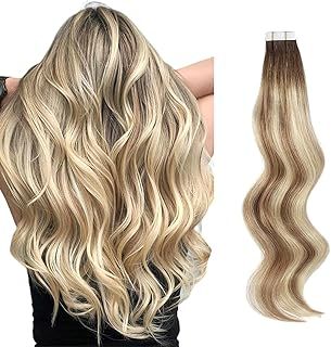 ABH AmazingBeauty Hair Semi-permanent Pre-taped Double Sided Rooted Highlight Remy Tape in Extensions, Real Remy Human Hair, Ash Brown-Beach Blonde with Dark Brown Root R3-8-613, 18 Inch