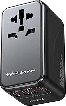 MOMAX Universal Travel Adapter,100W Fast GaN International Power Adapter, 2PD USB-C+2QC USB-A Travel Plug Adapter, US/UK/EU/AU Universal Charger for Laptops, Tablets, Phones Vision Pro 1-World