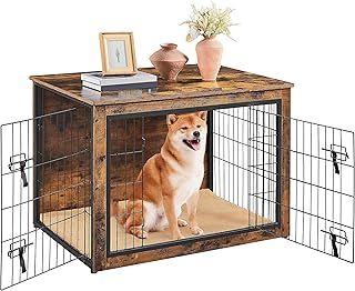 Yaheetech Large Wooden Dog Crate Furniture Style Dog Cage End Table with Cushion Pet Kennel with Double Lockable Doors/Adjustable Feet Side Table for Medium Dogs