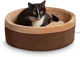 K&H Pet Products Thermo-Kitty Bed Heated Cat Bed for Indoor Cats, Electric Warming Bed for Cats and Small Dogs, Washable Thermal Plush Calming Round Pet Bed - Large 20" Mocha/Tan