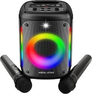 Vocal-Star VS-275 Karaoke Machine with 2 Wireless Microphones, Portable Bluetooth Speaker with phone holder, 80w Speaker, Light Effects, Records Singing, TWS, AUX, Rechargeable
