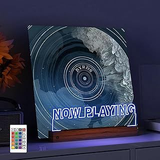 YuanDian Light up Now Playing Vinyl Record Stand, Now Spinning Record Player Stand, Wooden Acrylic Holder for Vinyl Album Display and Storage with 16 Changing Color Lights