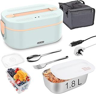 ErayLife Electric Heating Lunch Box, 80W 5-in-1 Heated Food Warmer Portable 1.8L 304 Stainless Steel Leakproof 12V 24V 220V Food Heater with Spoon & Fork for Car/Truck/Office
