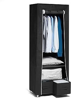 Hododou Canvas Wardrobe Fabric Wardrobe for Bedroom 160 x 59 x 43CM Portable Closet with 2 Drawers and Hanging Rail, for Living Room, Dormitory, Fabric Closet for Clothes, Bags, Toys, Shoes, Black