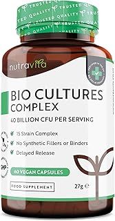 Super Strength 40 Billion CFU Bio Cultures Complex with 15 Live Strains – Advanced Multi Strain Formula – Vegan Capsules – Digestive Enzyme Supplement for Men & Women – Made by Nutravita